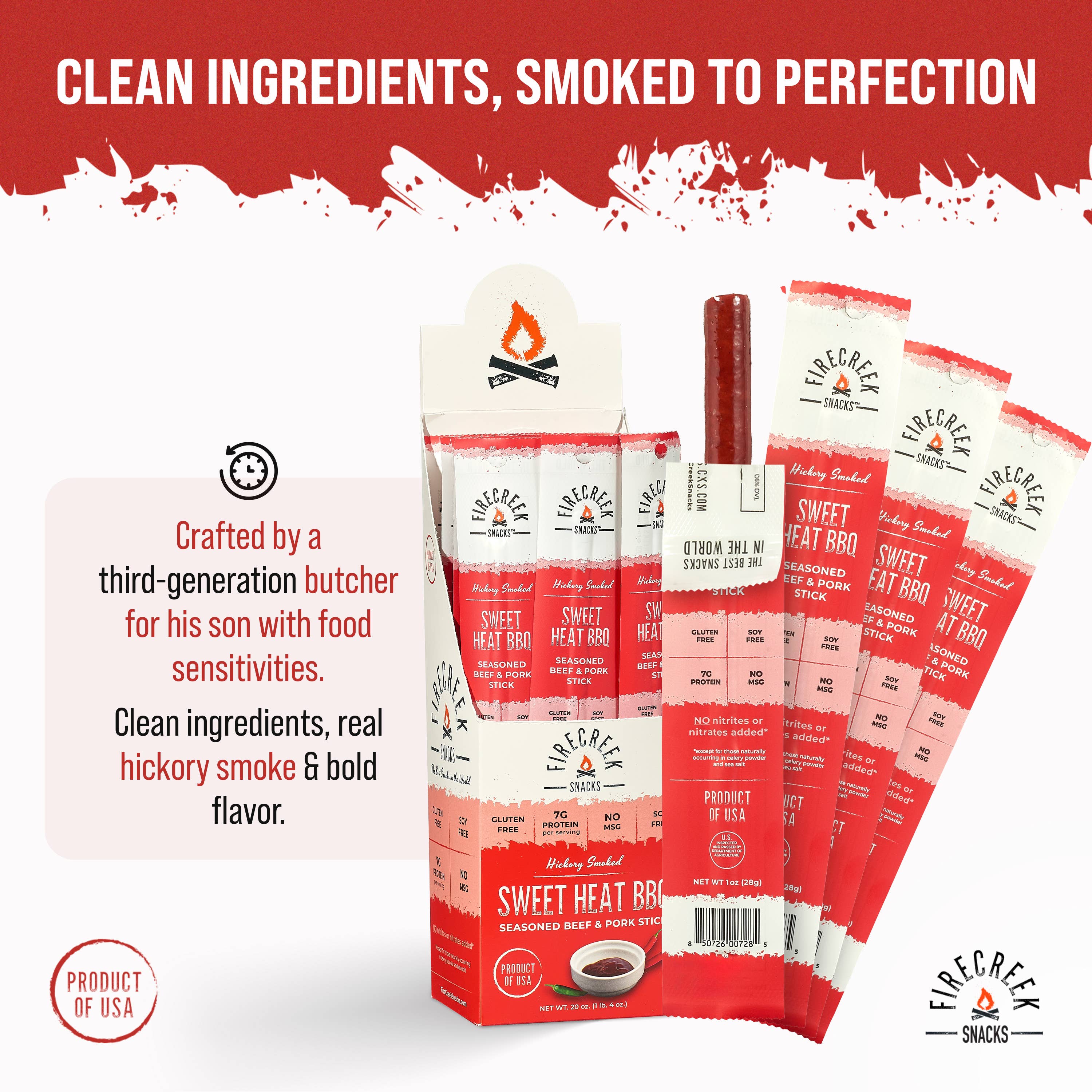 FireCreek Snacks Sweet Heat BBQ Beef & Pork Meat Sticks – 20