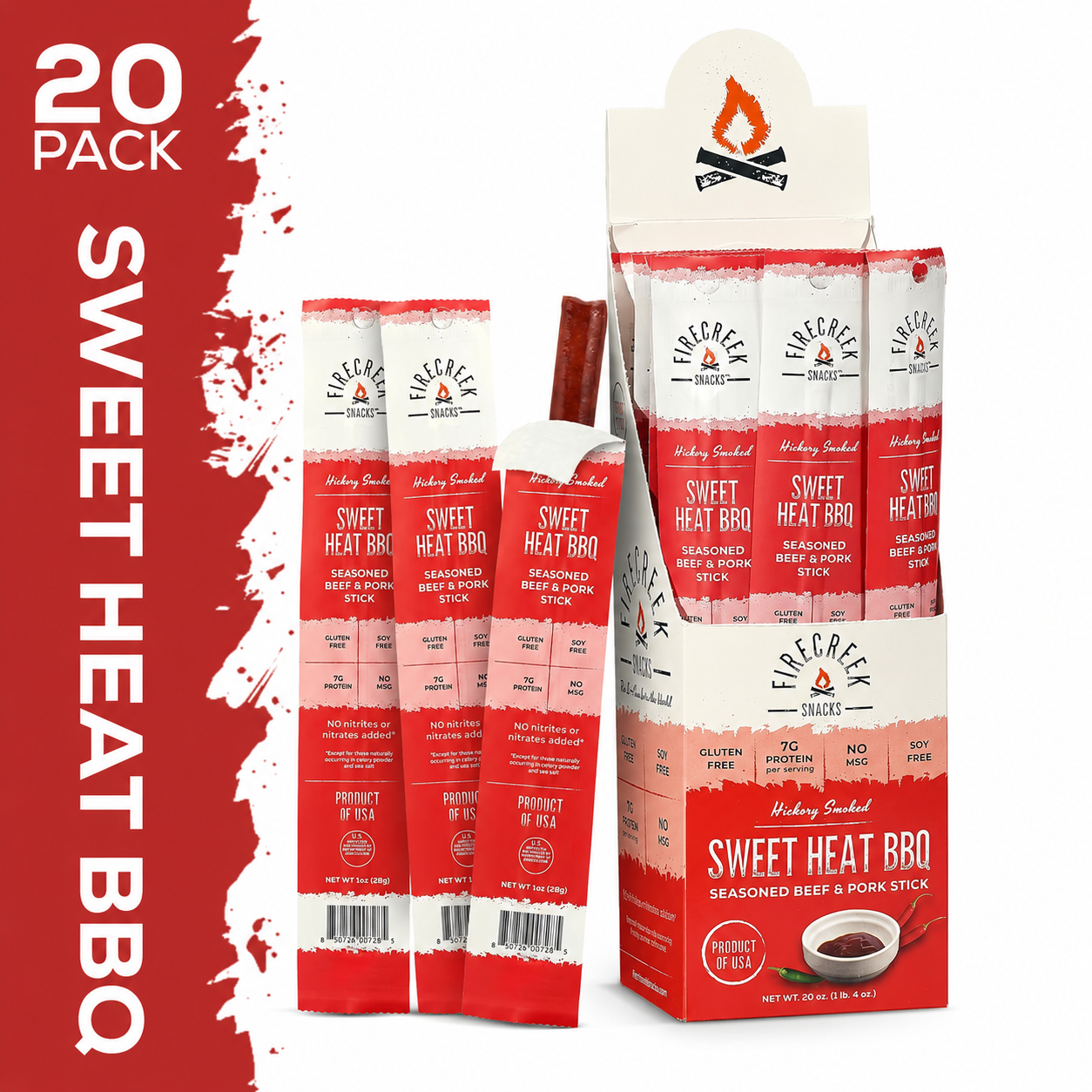 FireCreek Snacks Sweet Heat BBQ Beef & Pork Meat Sticks – 20