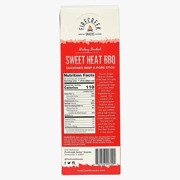 FireCreek Snacks Sweet Heat BBQ Beef & Pork Meat Sticks – 20