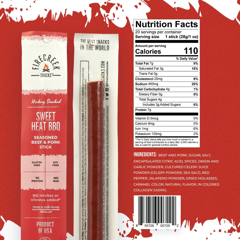 FireCreek Snacks Sweet Heat BBQ Beef & Pork Meat Sticks – 20